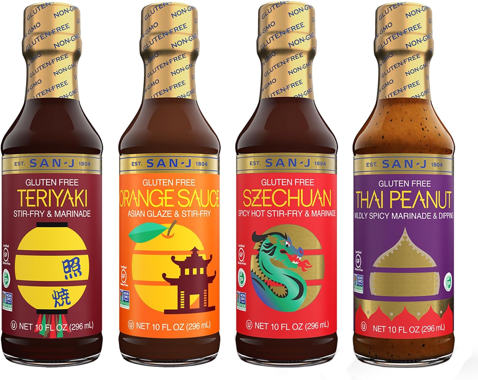 San-J - Spice of Life Variety Pack- Teriyaki, Orange Sauce, Szechuan, Thai Peanut - All Gluten Free Cooking Sauces - Non-GMO - 10 oz. Bottles - 4 Pack
