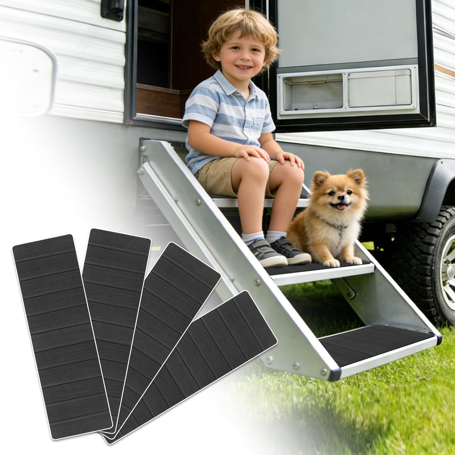 DGSL 4 Pack RV Step Covers, 24"x7.5" Self-Adhesive RV Stair Covers, Non-Slip Trimmable EVA Foam, RV Step Rug for Camper, Trailers, RV (Dark Black)