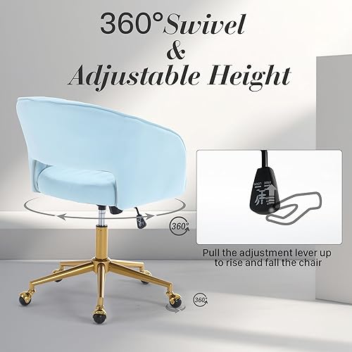 Miniatura 4 de Homedraft Silla de escritorio giratoria para oficina en casa, moderna silla de escritorio de terciopelo, sillón de altura ajustable con base dorada,