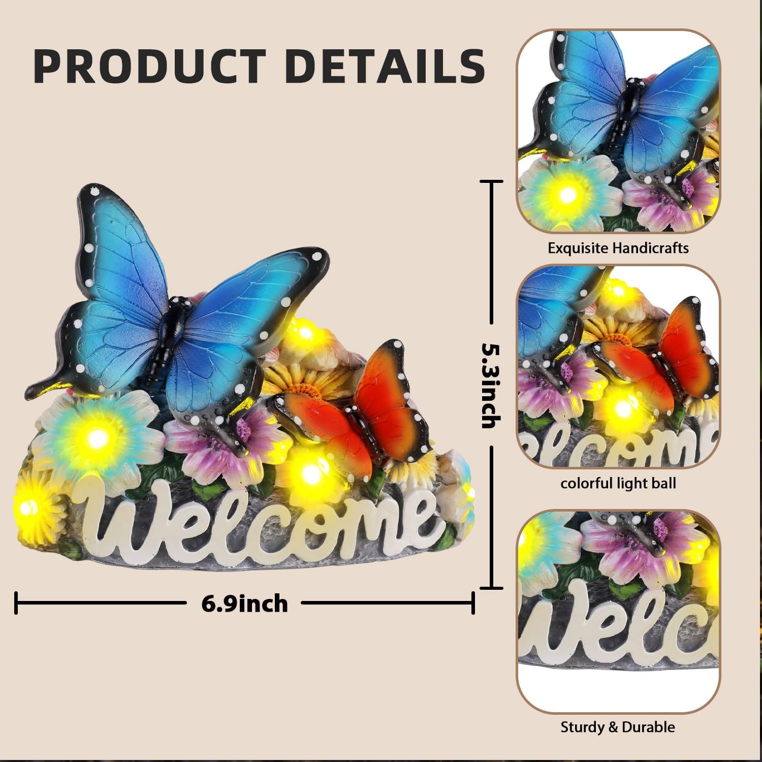 Solar Butterfly Garden Statues 5.3" Resin Butterflies Figurine with Welcome Sign Solar Butterfly Lights Outdoor Balcony Yard Patio Decor Housewarming Birthday Gifts for Women Mom Grandma
