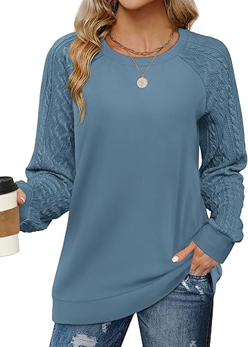 Saloogoe Sudaderas para mujer, cuello redondo, manga de punto trenzado, suéteres ligeros a la moda 2024