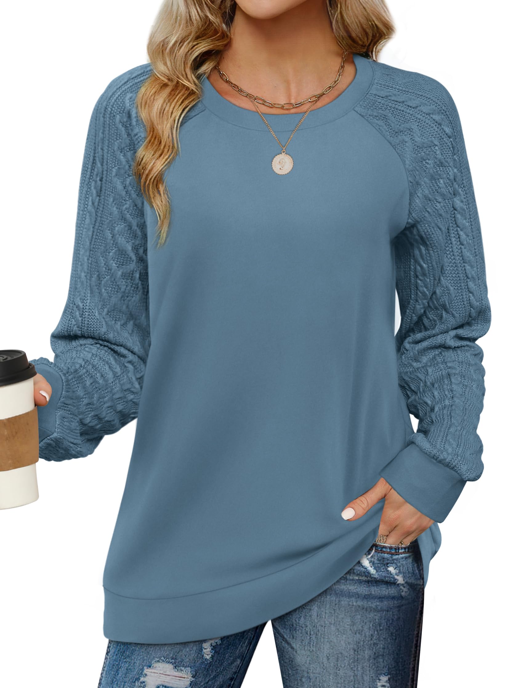 Saloogoe Sweatshirts for Women Crewneck Cable Knit Sleeve Sweaters Lightweight Fashion 2025