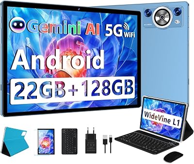 2026 Tablet 10 Pulgadas Android Gemini AI, 22GB RAM+128GB ROM/TF 2TB, 8-Core 2.0 GHz, 8000mAh Batería, 5G WiFi, BT 5.0, Widevine L1, GMS, Widgets, Tablet con Funda, Teclado y Ratón – Azul