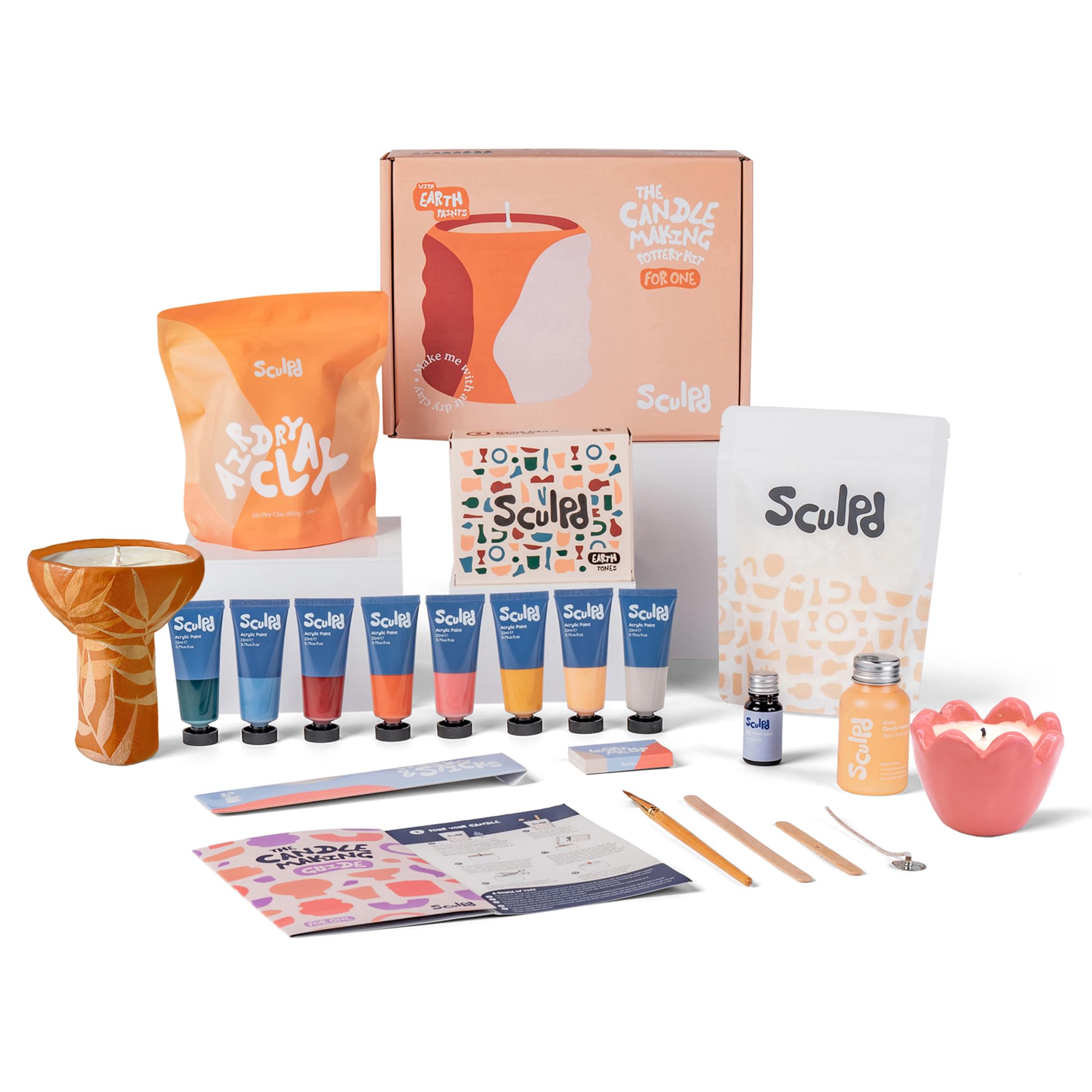 Sculpd Kerzenherstellungs-Set, 1 Kerze, Pfingstrosenduft, Erdtöne | Lufttrocknendes Ton-Set mit Acrylfarbe, ungiftiges Öko-Sojawachs, Kerzenglasur, Werkzeuge und Anleitung, für Erwachsene