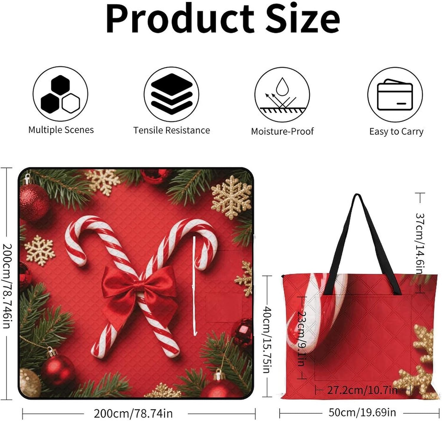 Red Christmas Candy Picnic Blanket 200x200cm, Foldable 2-in-1 Picnic Mat and Tote Bag Portable Waterproof Beach Mat Sandproof Outdoor Blanket for Park, Hiking, Beach, Camping, Travel