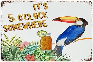 It's Five O'clock Somewhere Letrero de metal de 12 x 18 pulgadas, letrero de metal personalizado para patio, jardín, entrada, decoración del hogar, letrero de metal de aluminio, loro, pájaro colorido,