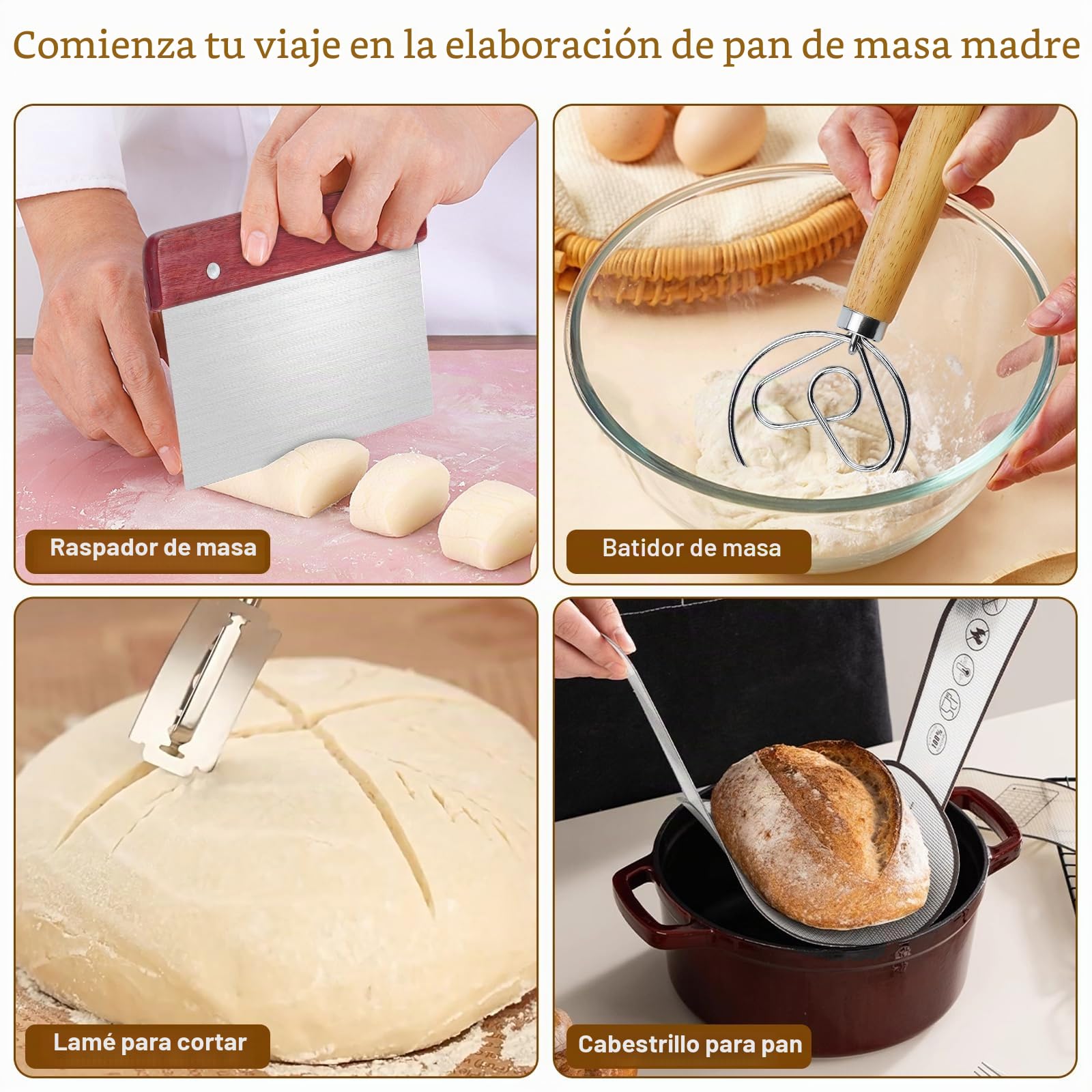 Kit Completo para Masa Madre 12 Piezas:Cesta para Pan Ovalada 25 cm y Cesta Redonda 23 cm,Banda de Silicona para Pan,Tarro de Fermentación para Levadura,Set de Raspadores para Bowl y Masa
