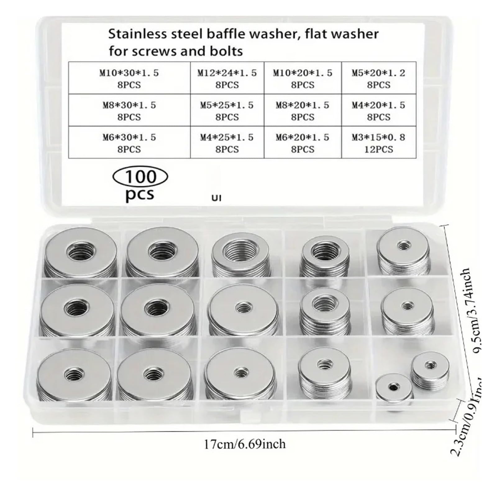 Edelstahl Beilagscheiben 100-teiliges Kotflügelscheiben-Set aus Edelstahl, flache Unterlegscheiben for Schrauben und Bolzen, Metall-Unterlegscheiben-Set (12 Größen M3–M12), sortiert, groß