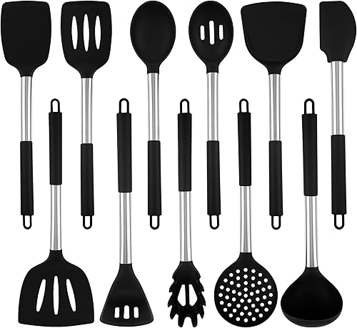 Juego de utensilios de cocina de silicona grande, 11 piezas, utensilios de cocina para utensilios de cocina antiadherentes, espátula, volteador,
