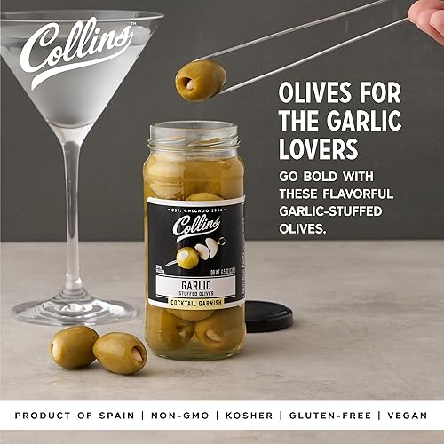 Miniatura 2 de Collins Aceitunas de Garlic Queen  Guarnición de aceitunas verdes rellenas de ajo prémium para cócteles, martinis, ensaladas, bandejas de embutidos,