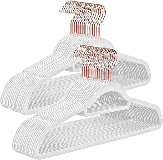 SONGMICS Velvet Hangers, Set of 30 Clothes Hanger with Rose Gold Swivel Hook, Non-Slip, and Space-Saving, 0.2-Inch Thick, 17.1-Inch Long for Coat, Shirt, Dress, Pants, Tie, Cloud White UCRF021W01
