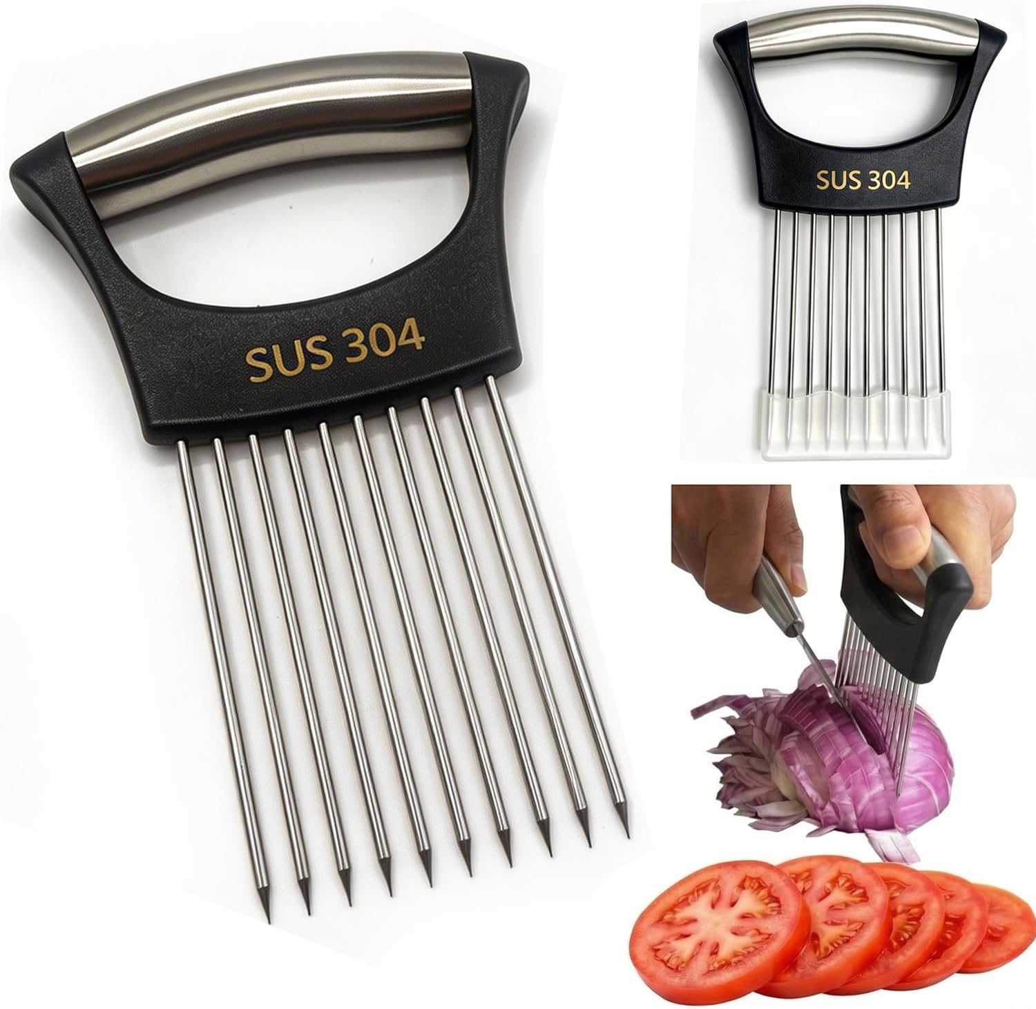 Onion Holder for Slicing, Onion Cutter Vegetable Chopper, 304 Stainless Steel Tomato Slicer Vegetable Cutter for Potato, Avocados, Eggs, Food Slicer Assistant Tool for Fruit Lemon and Meat