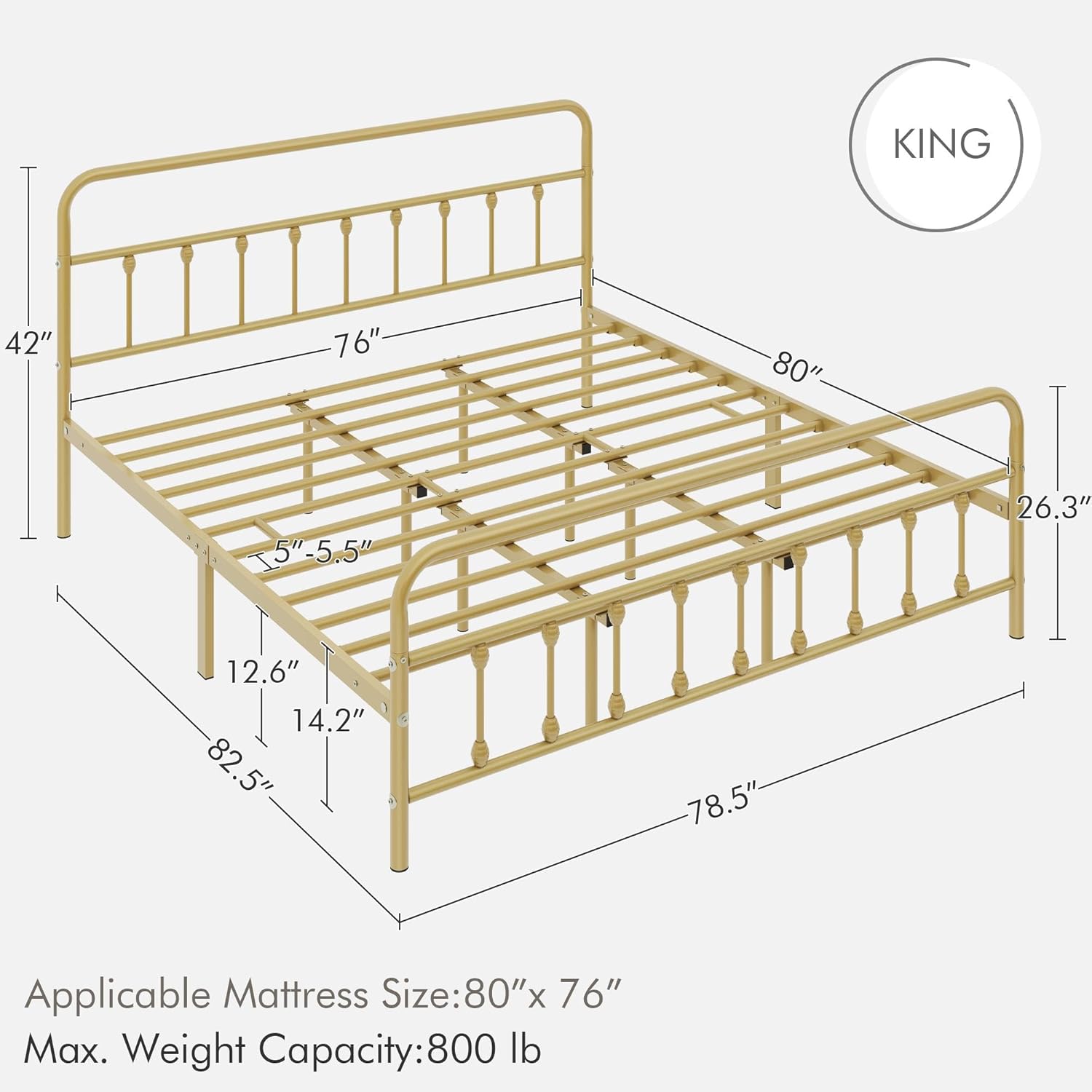Detailed dimensions diagram for the King size bed frame, showing length, width, height, and under-bed clearance.