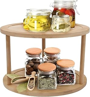 حامل خشبي دوار - حامل أنيق من الخيزران بـ2 طبقة للفواكه، مقاوم للماء والبكتيريا، مثالي لتنظيم برطمانات التوابل، مناسب للمطبخ وأدوات العناية بالبشرة