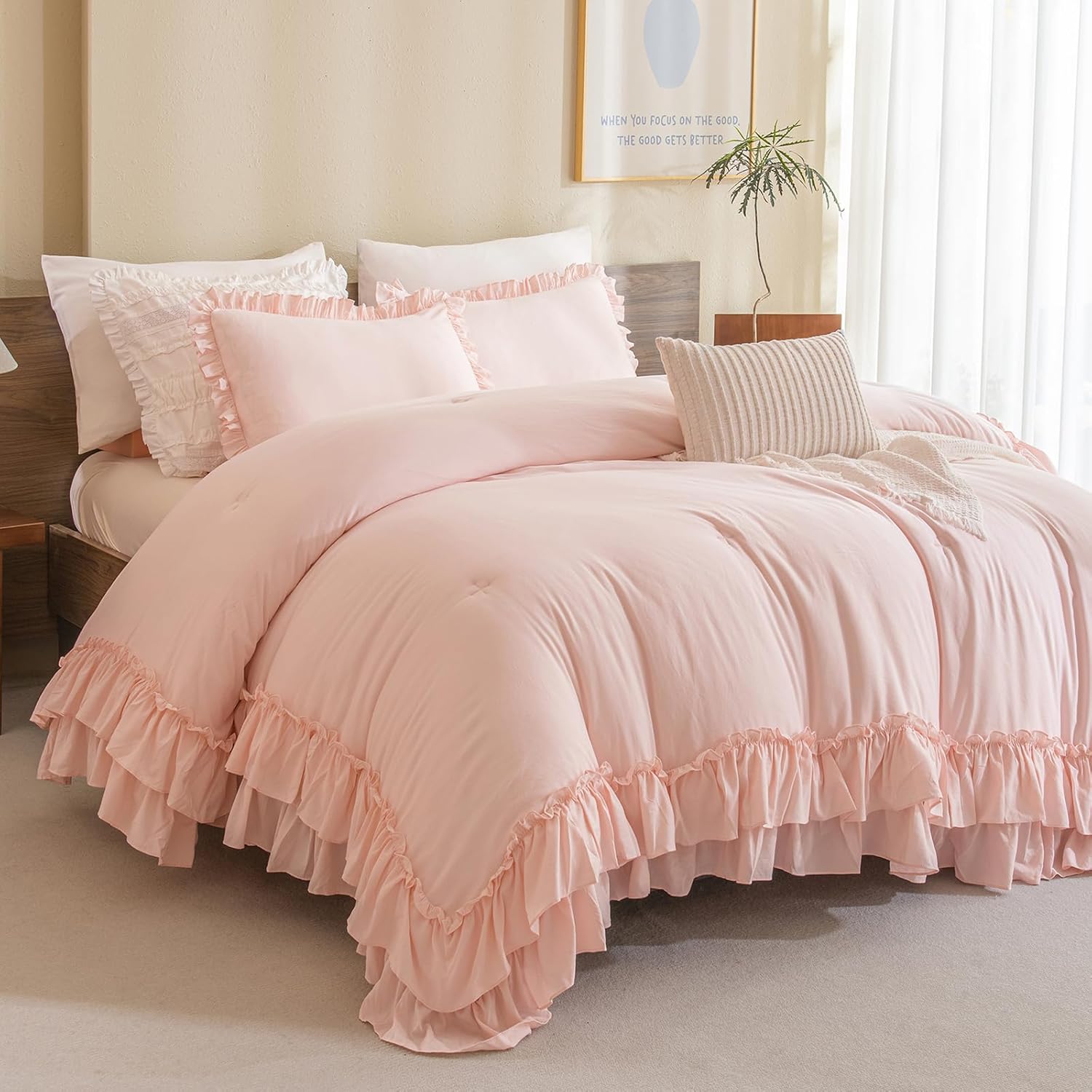 Masaca Kids Twin Ruffle Comforter Set - Shabby Boho Chic Farmhouse Rustic Bedding - 3-Piece Set (1 Ruffled Blush Comforter, 2 Pillowcases)