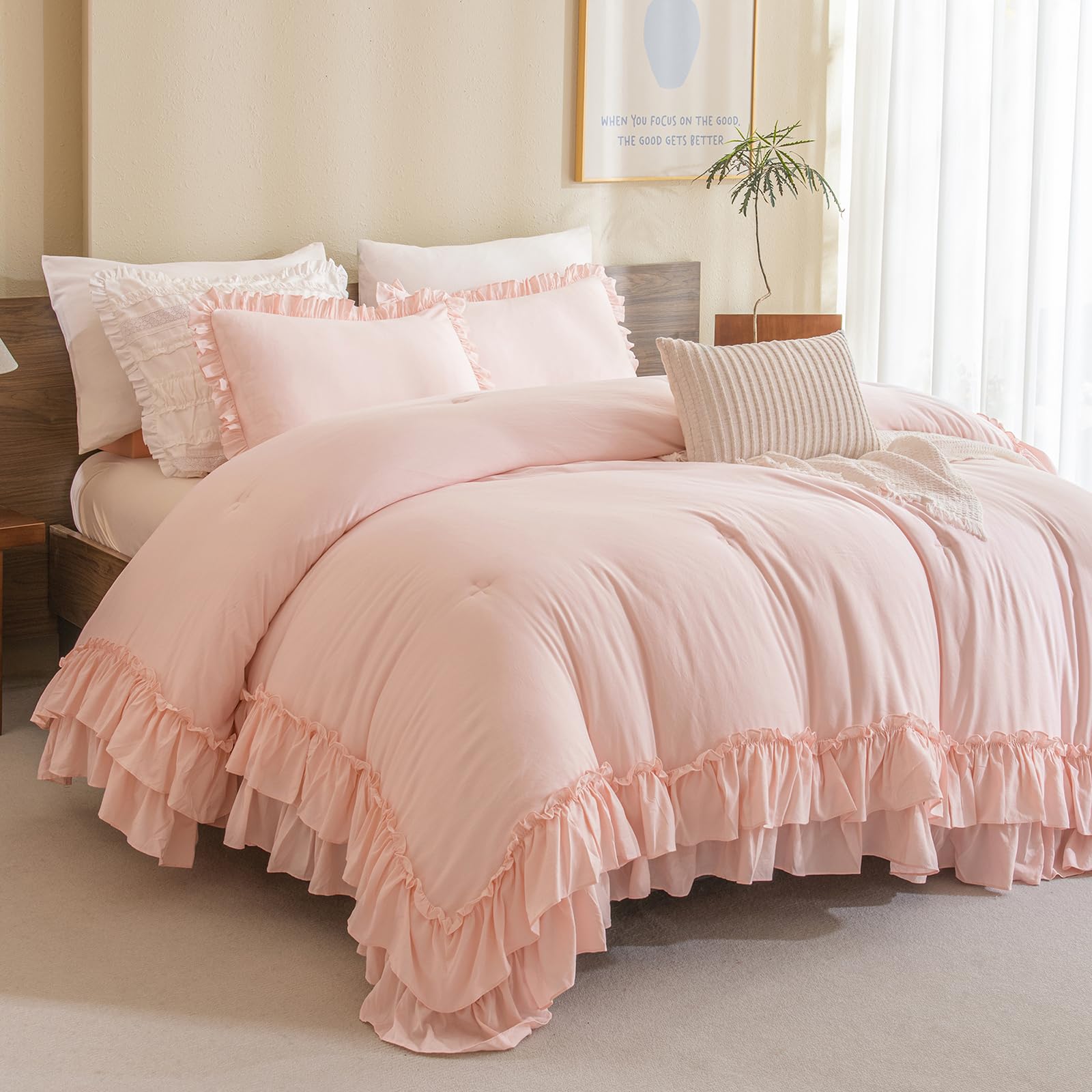 Masaca Blush Ruffle Comforter Full Size,3 Pieces Farmhouse Shabby Boho Chic Bedding Sets Full,Women Girls Bedroom Vintage Rustic Bedding Comforter Set