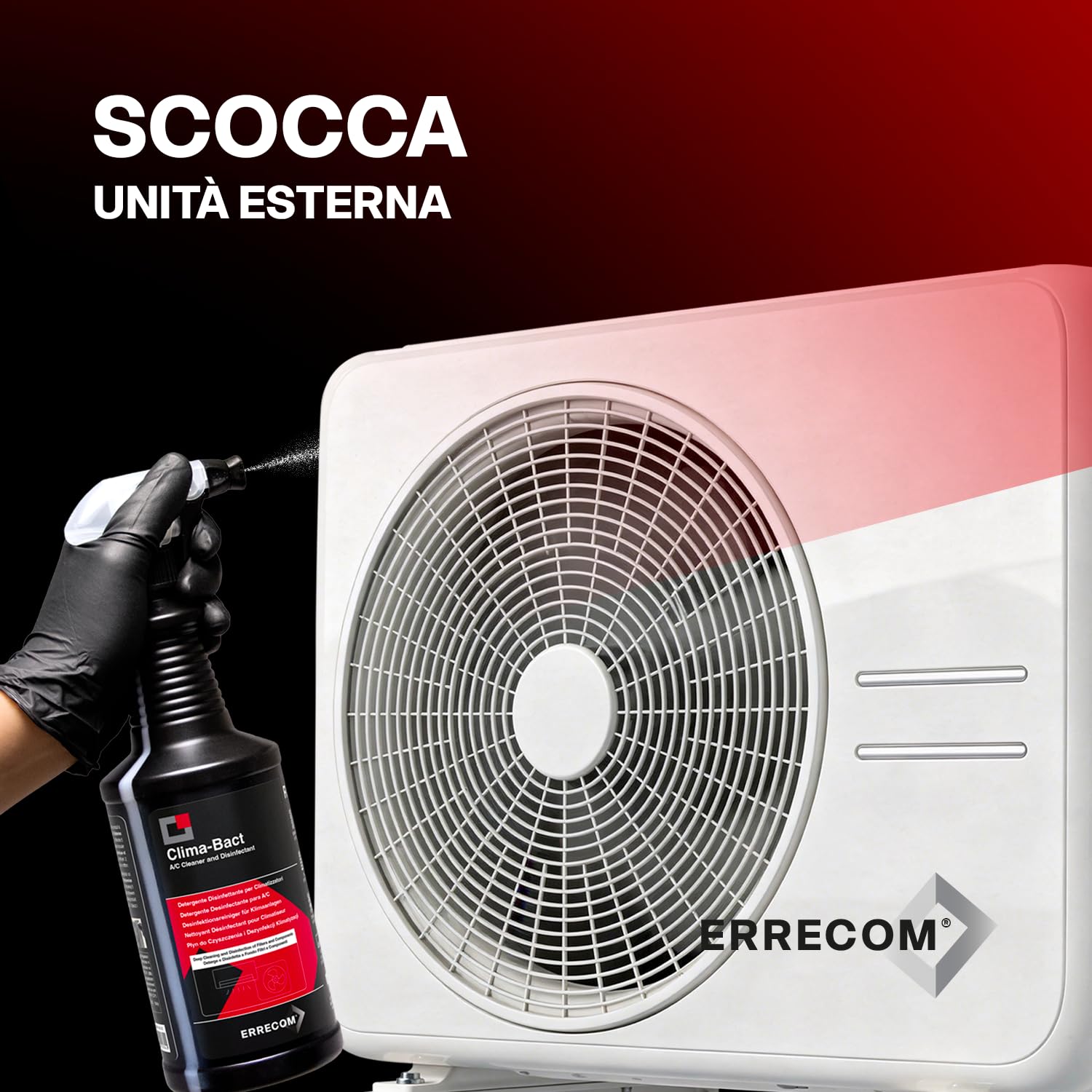 ERRECOM Clima-Bact Detergente Disinfettante per Climatizzatori, Biocida Registrato, Elimina Batteri, Virus, Sporco, Odori, Pulisce e Disinfetta Filtri, Batterie Alettate e Superfici,Biodegradabile,1L