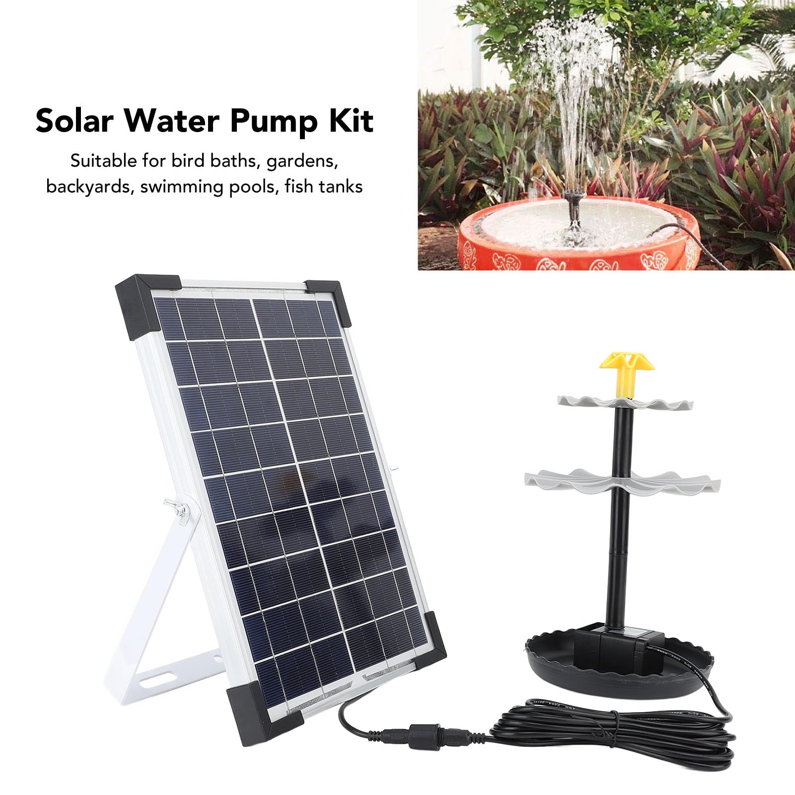 Kit Pompa Acqua Solare, Pompa per Fontana Ad Energia Solare, Pompa per Fontana con Portata da 150 Cm, Portata 200 L/h, per Vasca per Uccelli, Giardino, Cortile, Piscina, Acquario