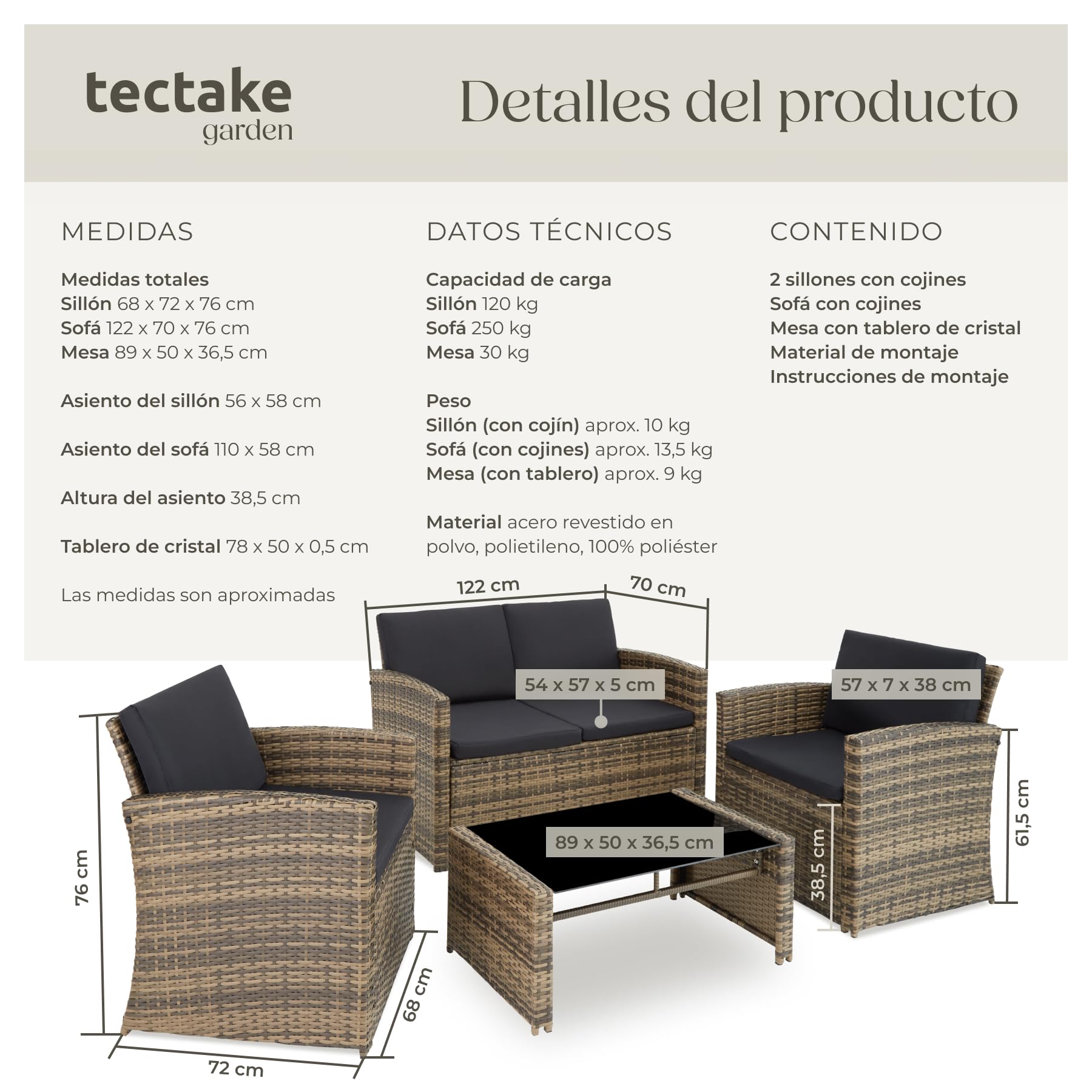 tectake® Conjunto Jardín de Ratán y Acero, Muebles Jardín Exterior, 2 Sillones 1 Sofá 1 Mesa con Cristal, Conjunto Terraza Resistente a Intemperie, con Cojines, Fundas Extraíbles - natural/gris oscuro