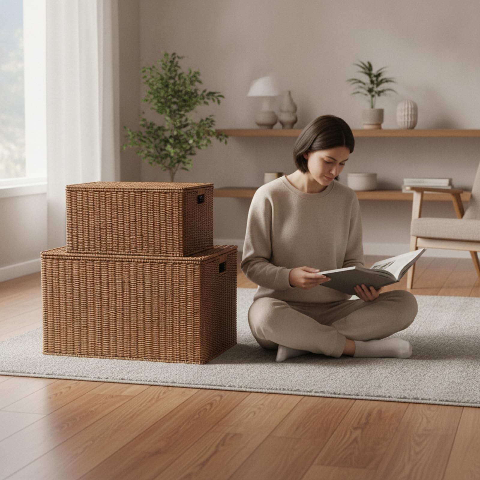 Cesto Portaoggetti con Coperchio Rettangolare Scatola in Finto Rattan Naturale Cesto in Rattan per Armadio, 50x35x31cm