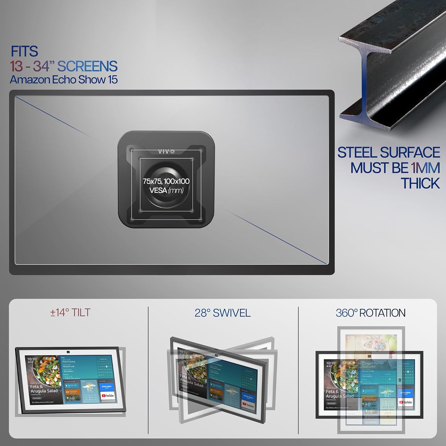 VIVO Magnetic 13 to 34 inch Monitor Mount for Steel Surfaces, Holds up to 17.6 lbs on Surfaces Over 1.5mm Thick, Black, MOUNT-MAG01