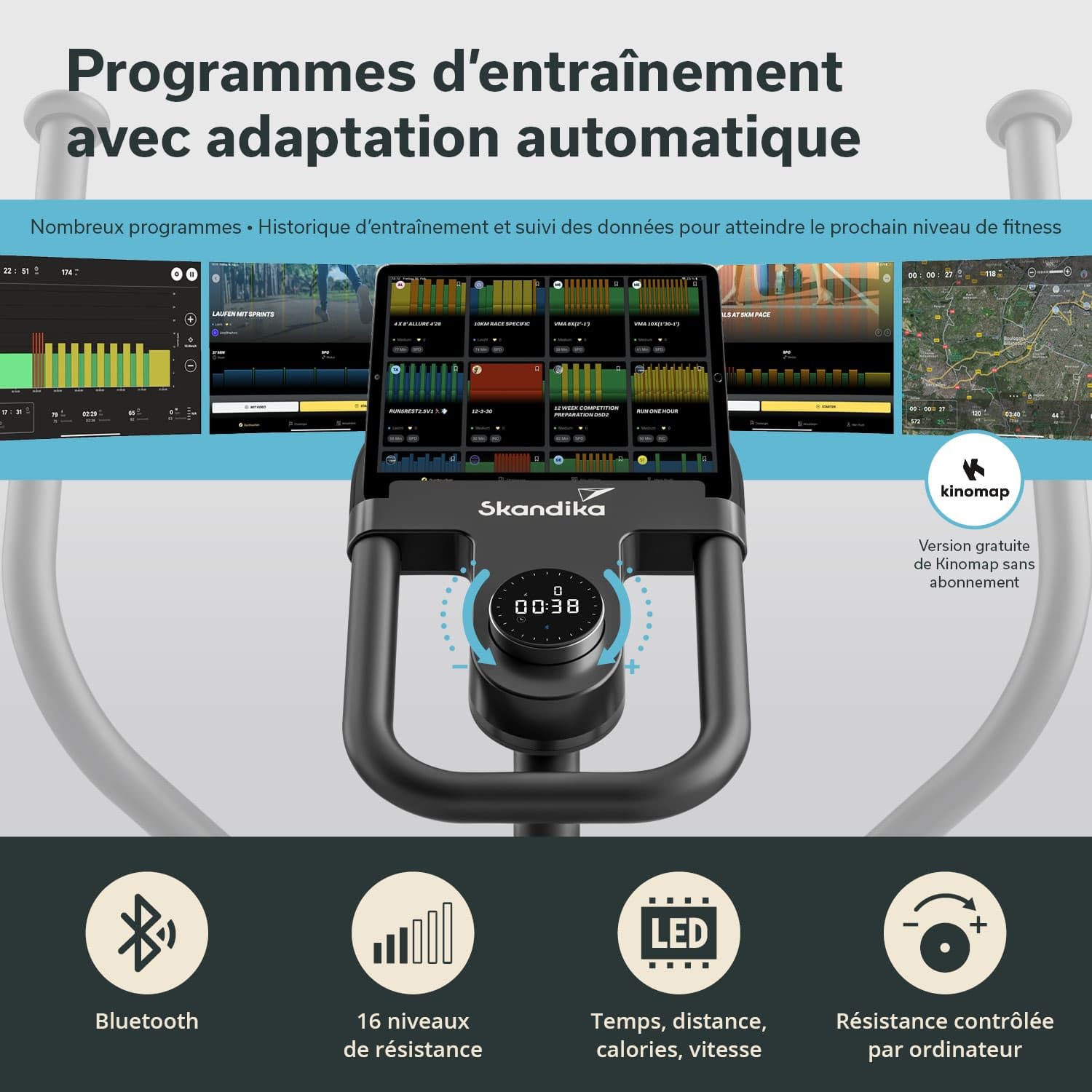Skandika Vélo elliptique Carbon P24-RG, Vélo elliptique d'appartement, 16 Niveaux de Résistance, Auto-alimenté, Frein Magnétique, Écran LED, Bluetooth, Kinomap, Masse d'inertie 24KG, Max 150KG