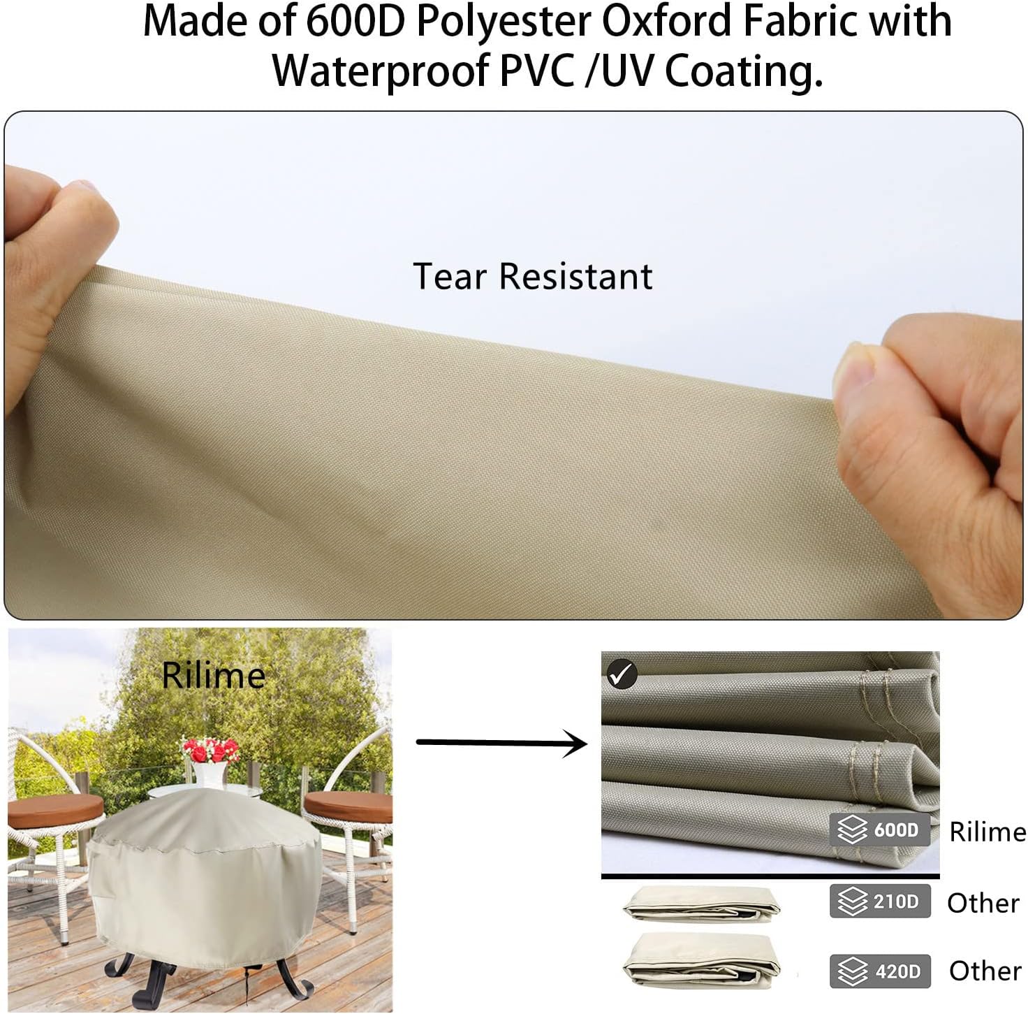 Rilime Fire Pit Cover Round, 36 Inch 600D Heavy Duty Firepit Covers, PVC Waterproof Windproof Outdoor Fireplace Cover (Beige, 36 x 20 Inch)
