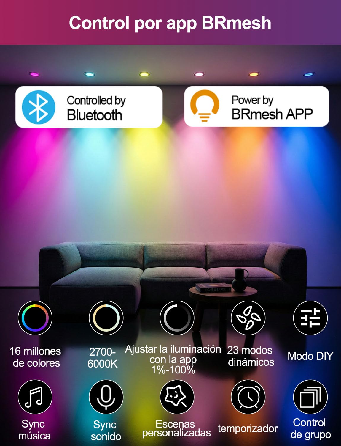 iLC Foco Empotrable LED Techo 8W, trabajar con Alexa(Se requiere un dispositivo Echo), Corte Ф68-85mm, 2700K - 6000K + RGB Cambio de Color, Aplicación controlada Downlight (4 unidades)