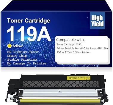 119A Black Cyan Yellow Magenta Toner Cartridge High Yield W2090A W2091A W2092A W2093A Toner Cartridges for HP MFP 150a 150nw 178nw 178fnw 179fnw with Chip,119A-Yellow