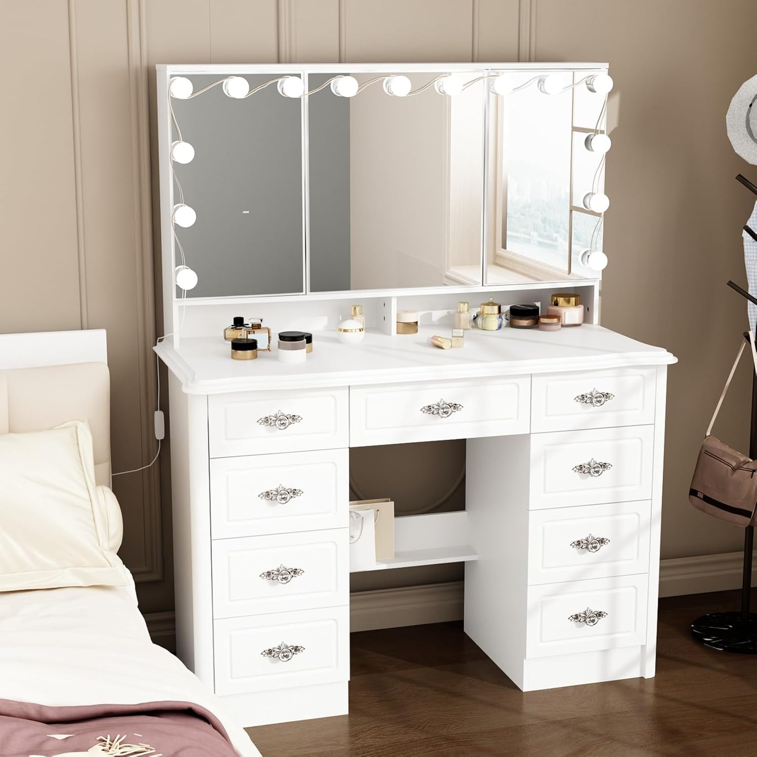 MOUMON Large Vanity Desk with Open Mirror and Bulb Lights, Makeup Desk with Drawers and Shelves, Rose-Shaped Crystal Handles, Cushion Stool not Included, White (43.3”W x 18.1”D x 54.1”H)