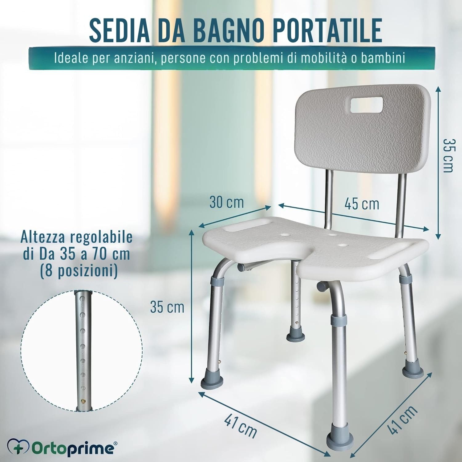 OrtoPrime Sedia da Doccia Ergonomica a U – Sgabello da Doccia Antiscivolo – Sedia per Doccia Anziani Regolabile – Sedile Doccia Anziani Confortevole – Sgabelli Bagno Sicuri e Resistenti