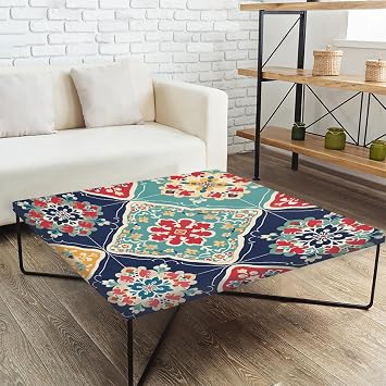 Mexican Colored Square Tablecloth with Elastic Fitted Table Cover 34x34inch