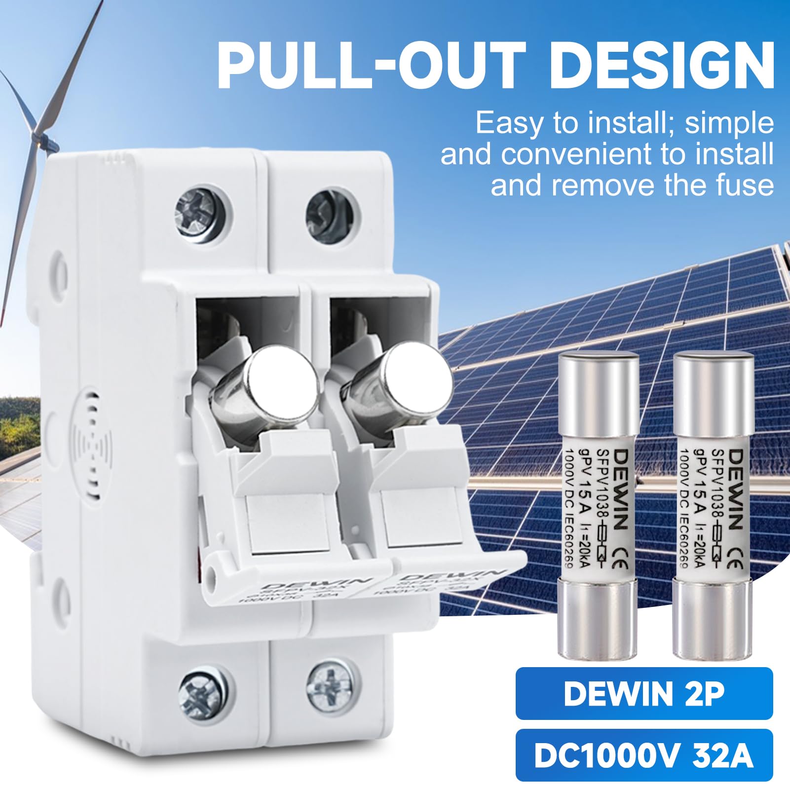 DEWIN Fusible fotovoltaico, 2 polos, 1000 V CC, 32 A, protección contra sobrecarga y cortocircuito.(With 15A PV fuse)