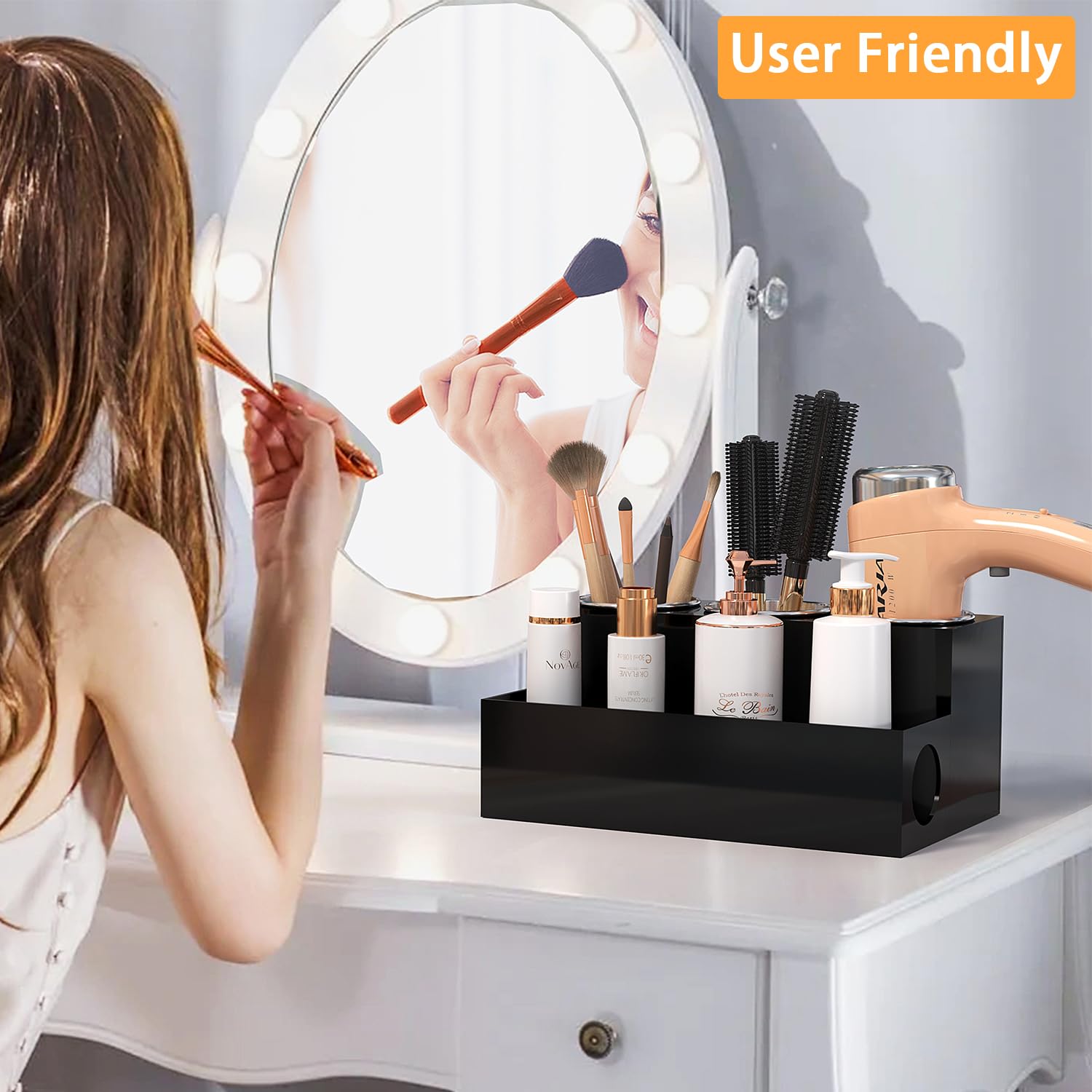 Organizador de herramientas para el cabello, soporte acrílico negro para secador de pelo con 3 tazas, soporte para secador de pelo, suministros de baño, soporte de almacenamiento para