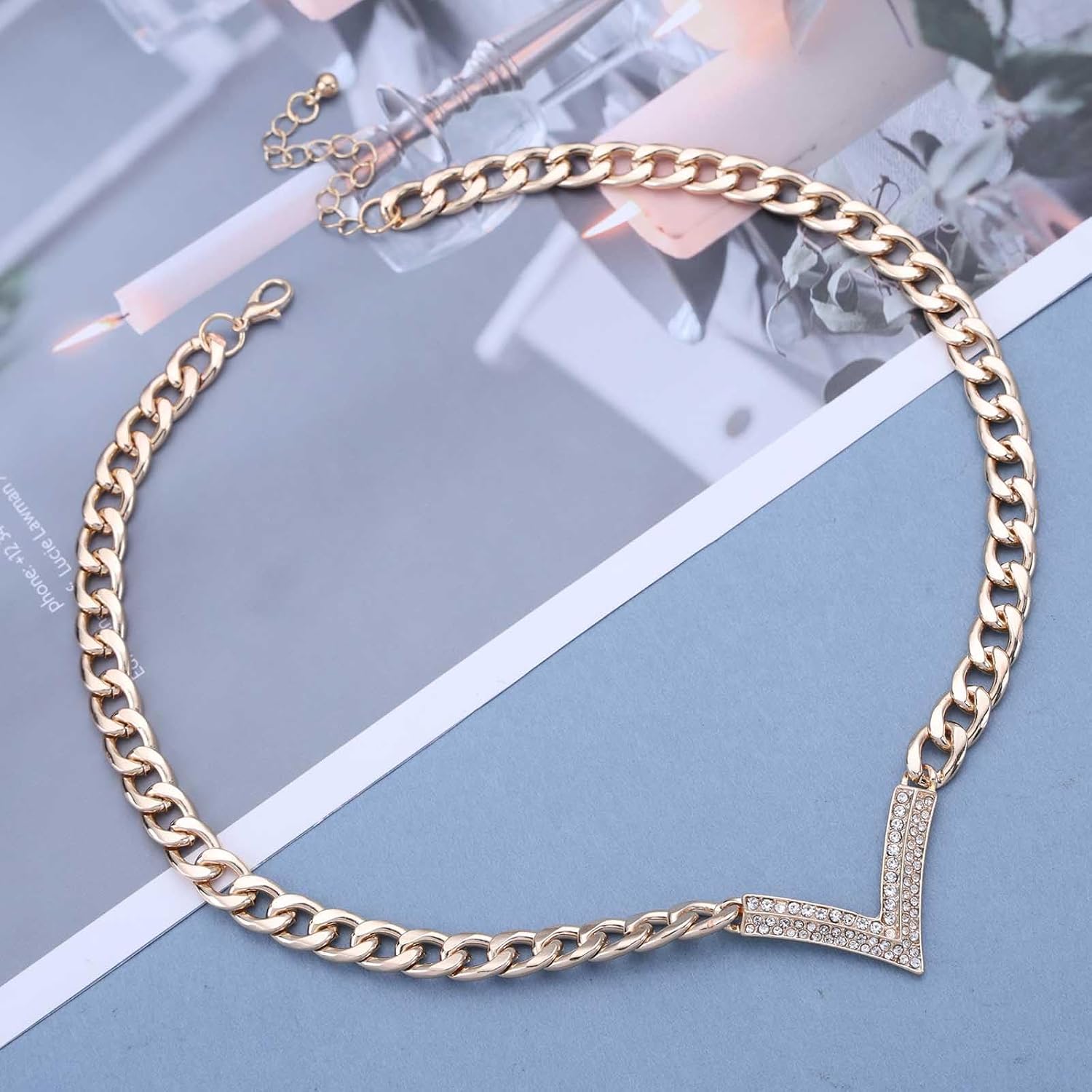 Gold Initial Choker Necklace Diamond Cz Letter V Pendant Necklace Dainty Geometric V Shaped Bar Necklace Chunky Cuban Link Chain Necklace Statement Jewelry for Women - Image 3