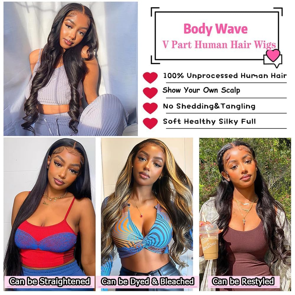 Body Wave V Part Wigs Human Hair for Women Glueless Upgrade U Part Wigs Machine Made Clips in V Part Wig Leave Out Real Scalp Beginner Friendly Natural Color 210% Density 26Inch