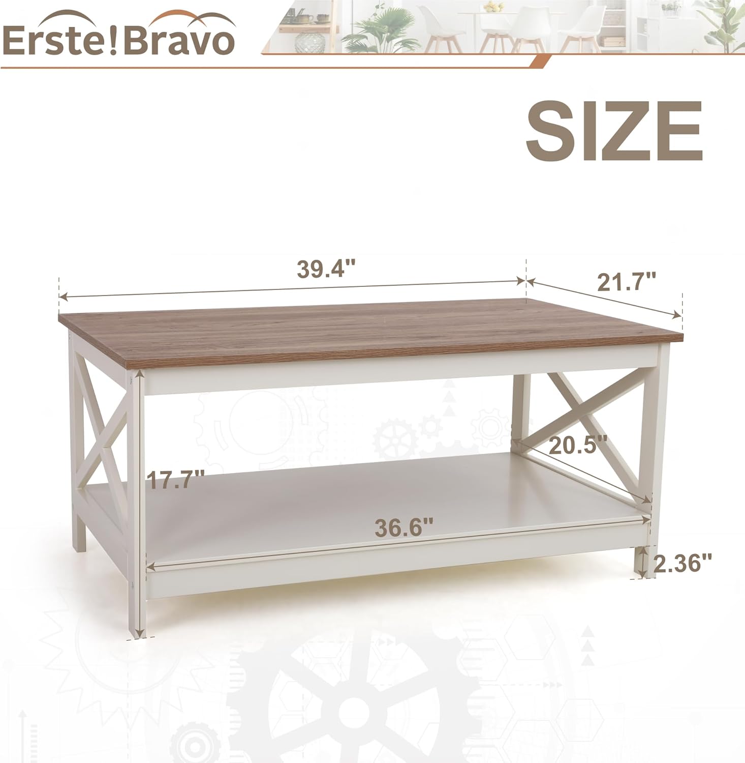 Farmhouse Coffee Table with Storage, Square Modern Center Table with Shelf for Living Room, Rustic Wood Look Cocktail Table, Easy Assembly, Ivory+Oak