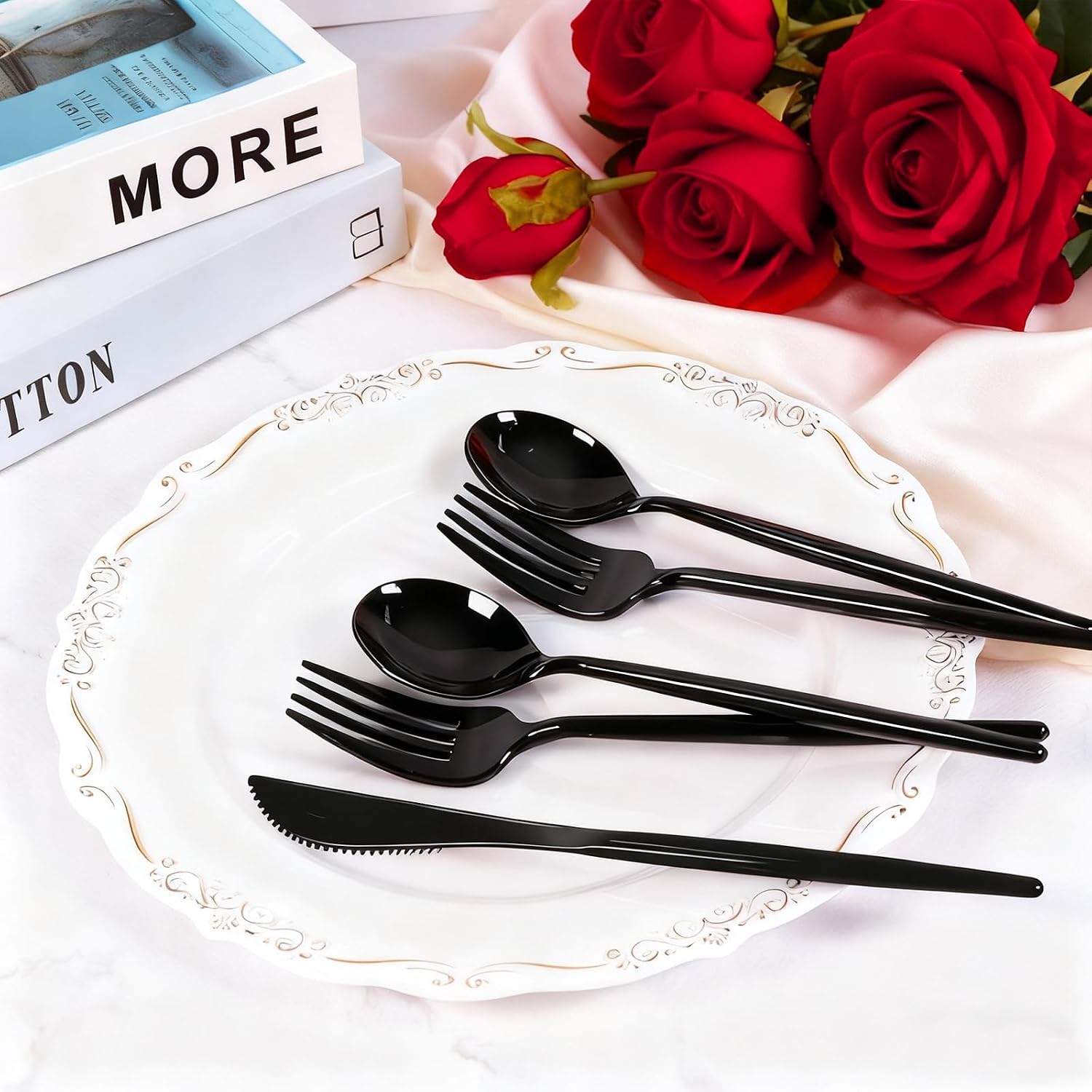 120pcs Black Plastic Silverware Disposable Black Plastic Utensils Heavy Duty includes Forks and Spoons and Knives Sets,Disposable Cutlery Set Sturdy for Birthday Prom Graduation Happy New Year