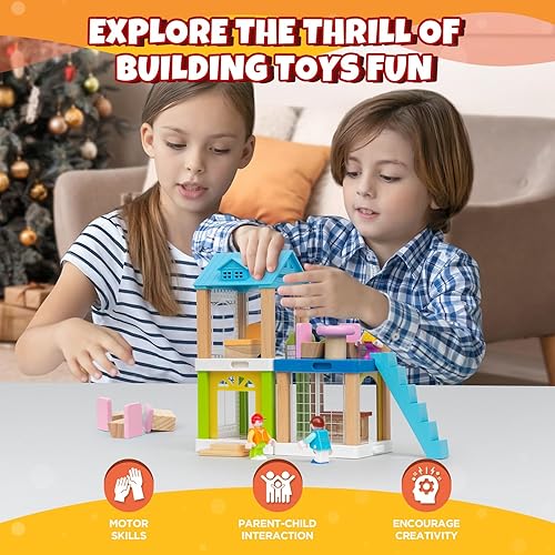 Miniatura 2 de Juego de casa de muñecas de madera pequeña de 42 piezas, casa de juguetes familiares para 4 habitaciones con 4 muñecas móviles, accesorios de