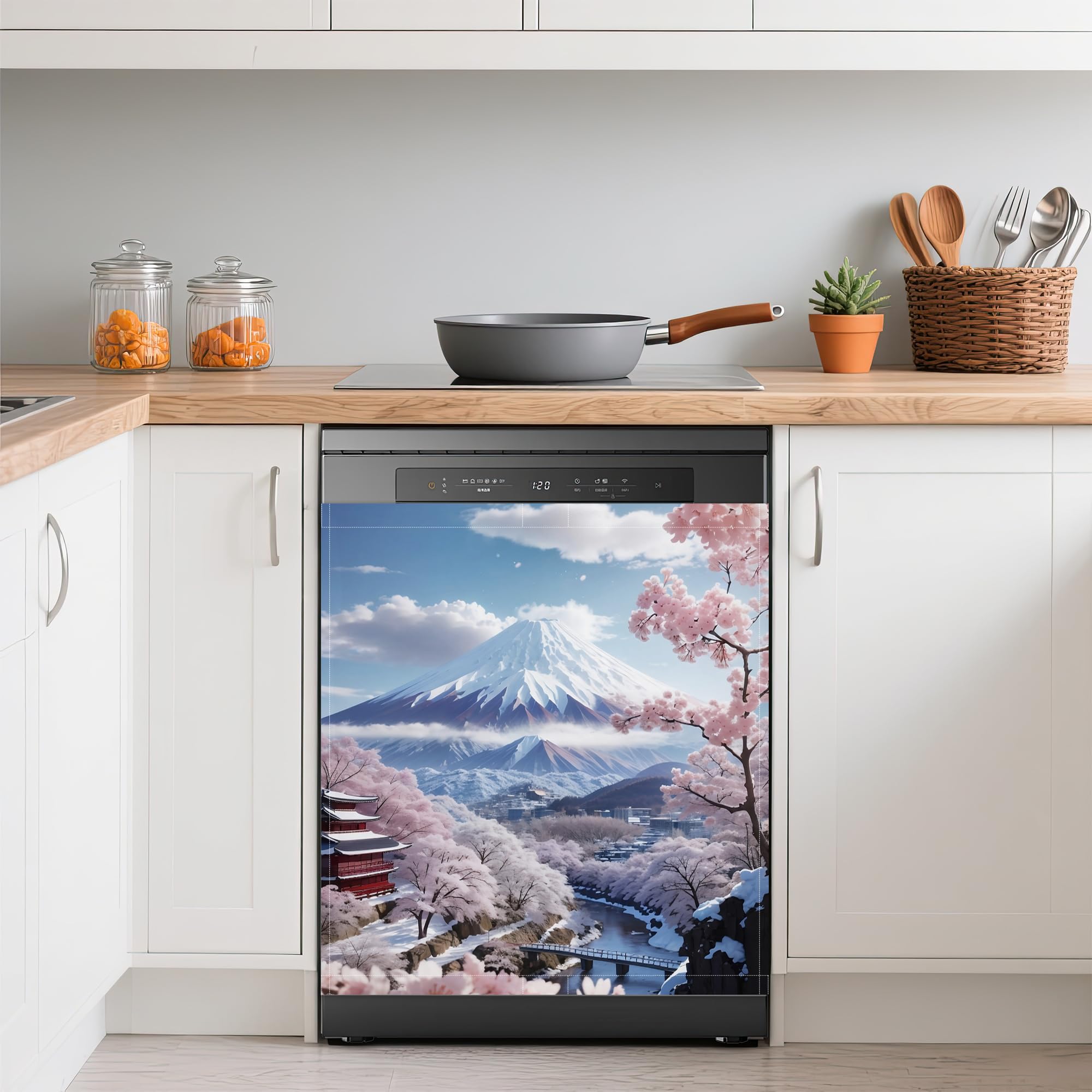 Dishwasher Cover,Fuji Mountain Reusable Dishwasher Magnet Cover,Decorative Pink Cherry Blossom Magnetic Refrigerator Cover Front Panel Cover for Kitchen Decor 23x26 Inch