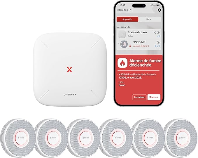 X-Sense Détecteur de Fumée Connecté avec Alertes Vocales Français et 17 Zones, Alarme Incendie Wi-FI Interconnectée avec Station de Base SBS50, XS0B-MR61