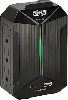 Tripp Lite Surge Protector Power Strip 6-Outlets + 1 USB & 1 USB-C Port, Direct Wall Plug-in, Black, Green LED Light, 490 Joules, EMI/RFI Filtering, 20,000 Insurance (SK62USBC)