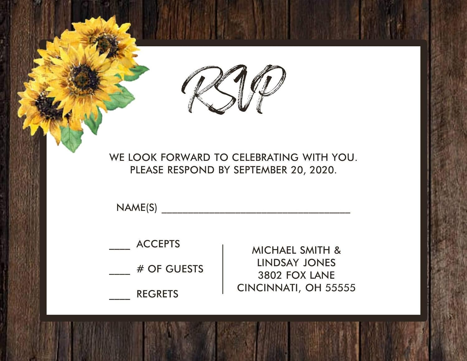 Wedding Invitations Rustic Country Sunflower Wedding Invitations with RSVP Option Quantity of 50