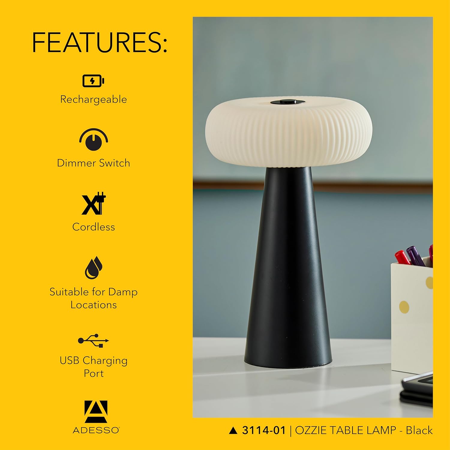 Adesso Cordless Table Lamp with 3-Level Touch Dimmer & Built-in Rechargeable Battery – 11.25" Tall Touch Lamp, Black Finish