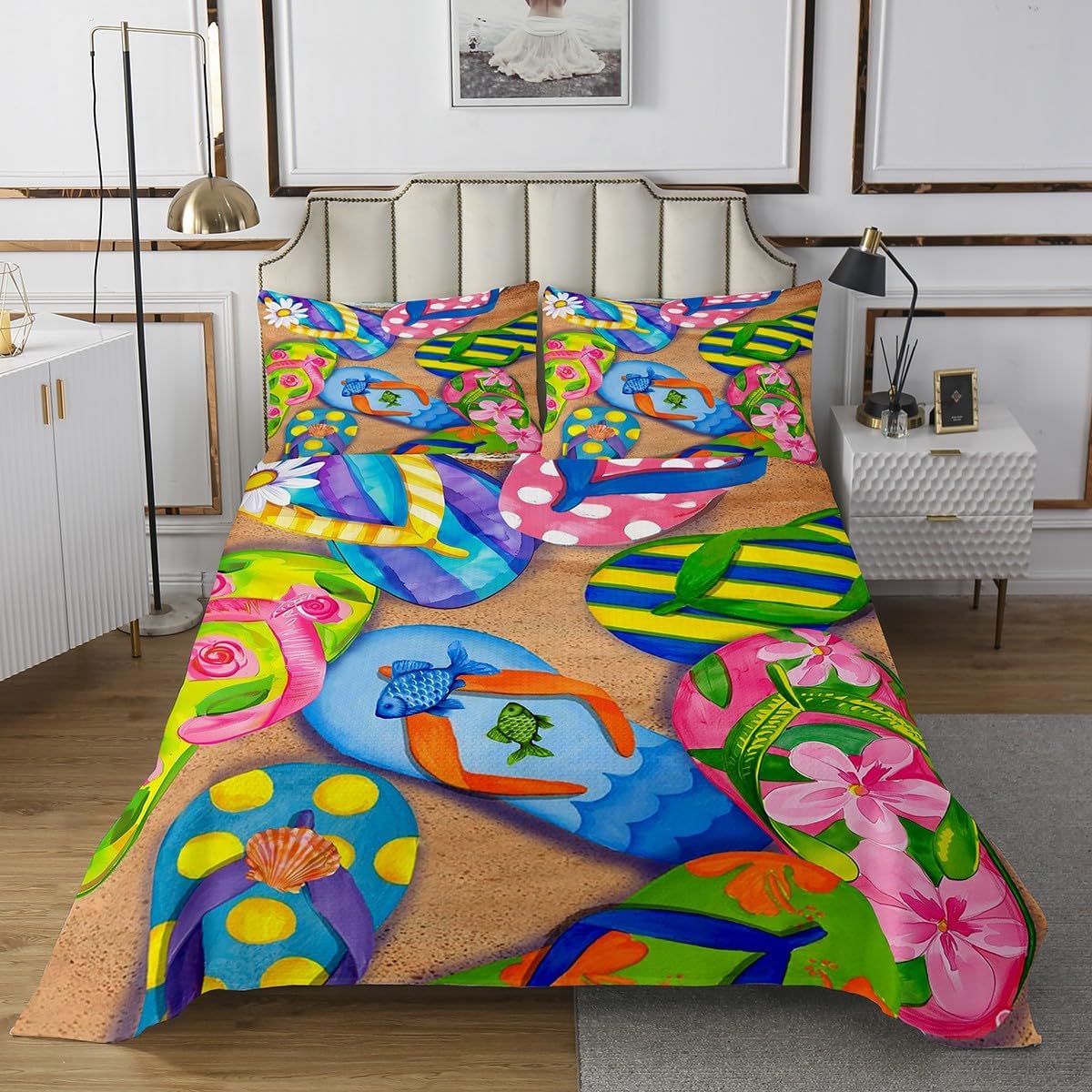 Colorful Flip-flops Bedspread Set Queen Size for Kids,Boys Girls Summer Theme Quilt Set Beach Vacation Bedspread Coverlet Flip-flops Bedspread 3 Piece Decorative Bedding Quilted with 2 Pillow Shams