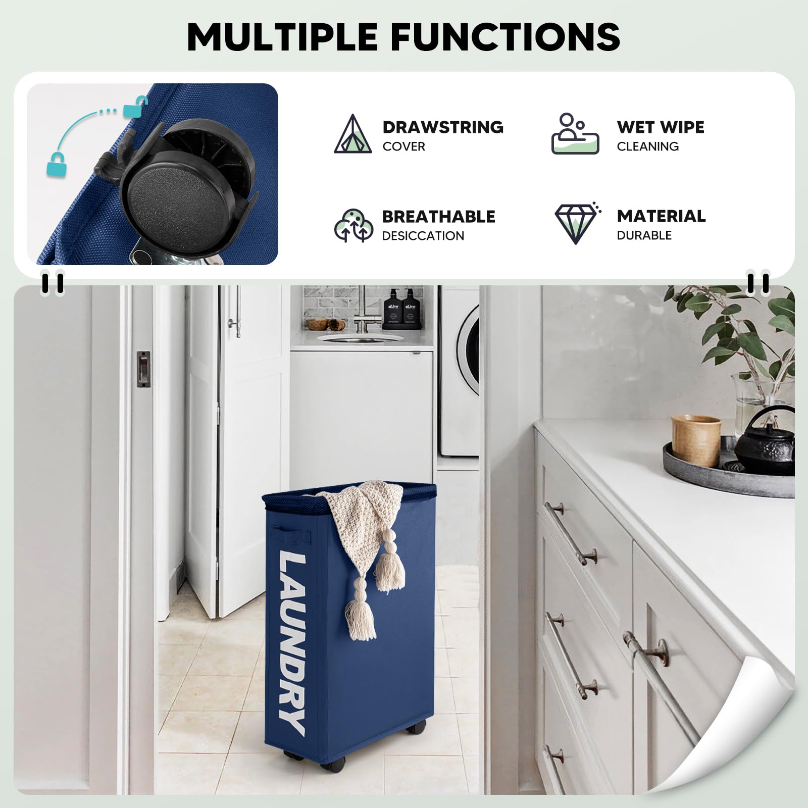 Cestos para la Colada con Ruedas 43L Plegable Multifunción Tela Oxford Azul Oscuro