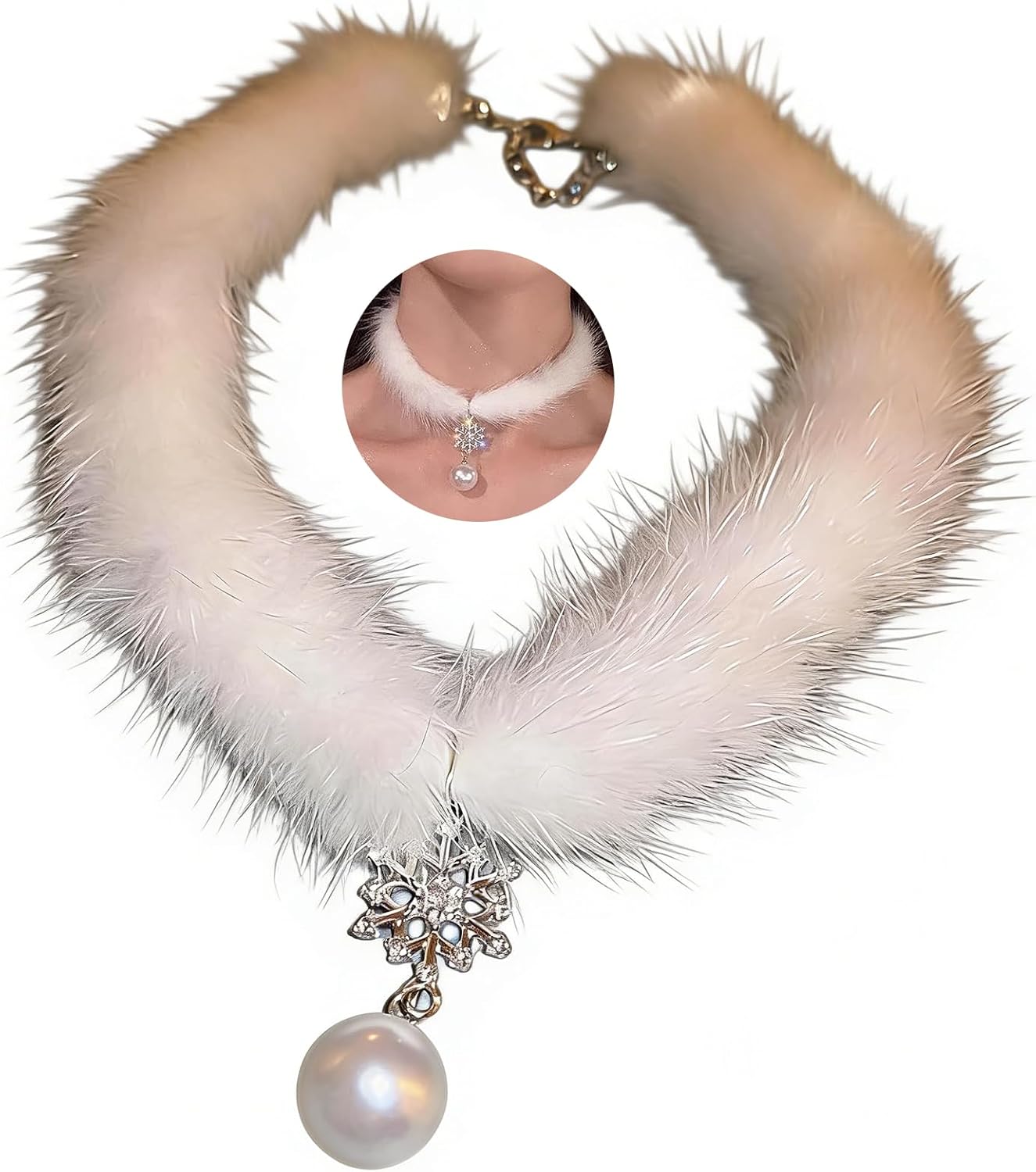 Snowflake Choker for Women Cute Fluffy Crystal Snowflake Pearl Pendant Necklace Lightweight Y2k Plush Collar Necklace Christmas Costume Jewelry Accessories