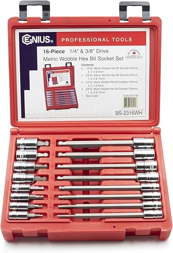 Genius Tools Juego de dados hexagonales de 16 piezas de 1/4" y 3/8" Dr. Metric Wobble BS-2316WH