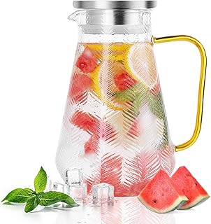 Dzbanek na wodę, CNNIK 1,5 litra karafka na wodę z paskiem, szklany dzbanek z pokrywką ze stali nierdzewnej, dzbanek szklany do gorącej / zimnej wody, herbaty, soku, napojów, mleka, kawy, wina