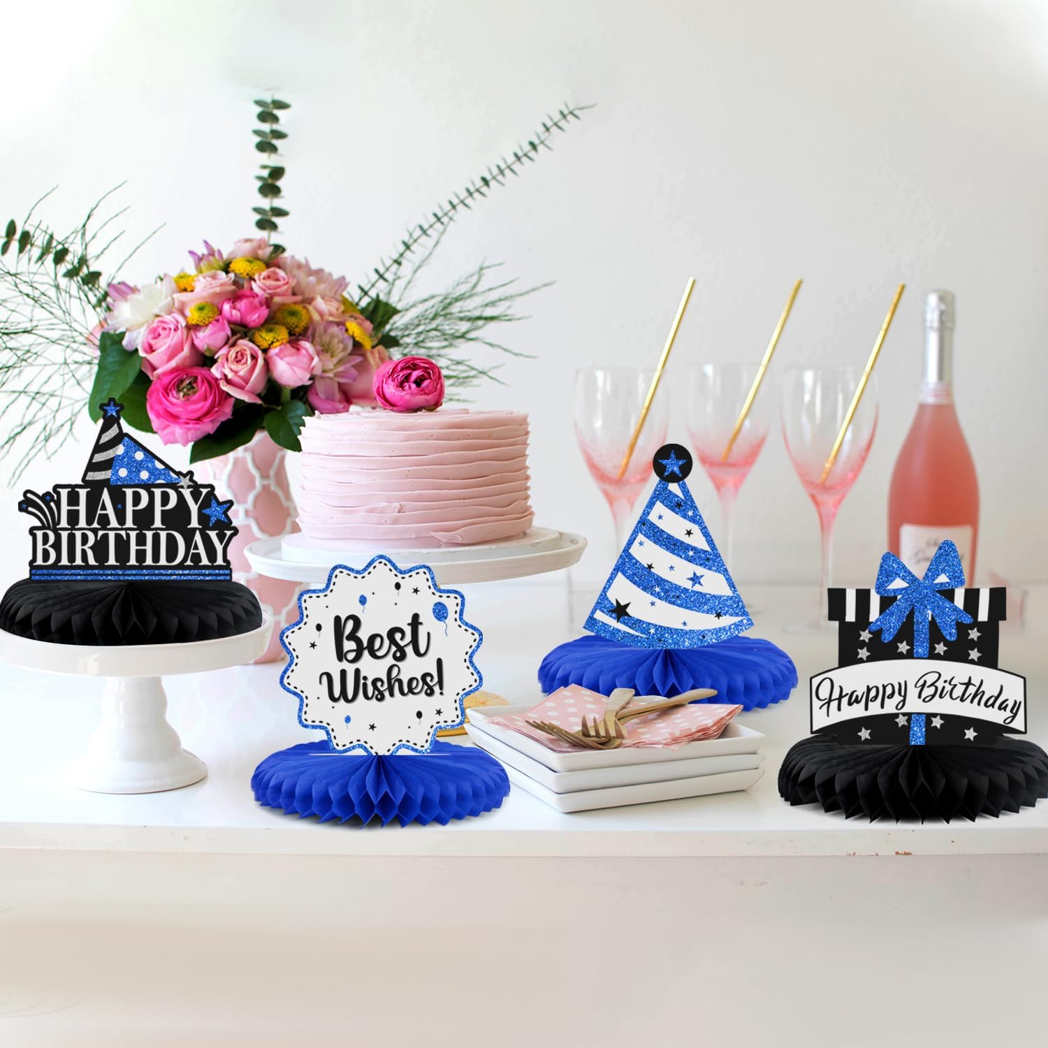 Happy 95th Birthday Decorations,95th Bday Blue Glitter Shiny Stand Honeycomb Table Centerpieces - Cheers to 95 Years Old Birthday Party Photoprop Gift Sign.